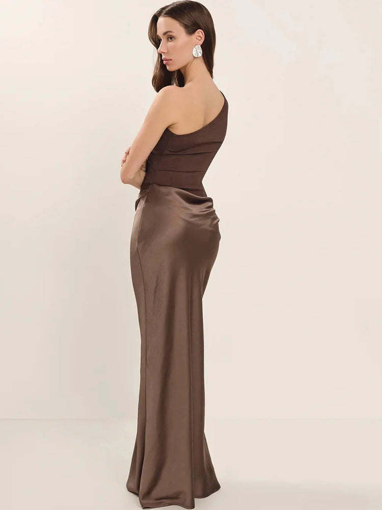 JULISSA MO Patchwork Satin Sexy One Shoulder Women Maxi Dress Brown Sleeveless Evening Dress Summer Slim Elegant Party Clubwear