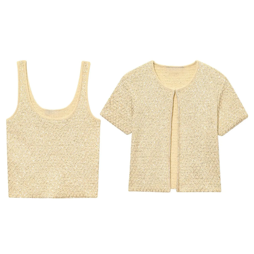 MYST&ZA2025 Summer New Product Temperament Elegant Sequin Knitted Jacket + Sequin Knitted Suspender Top Set