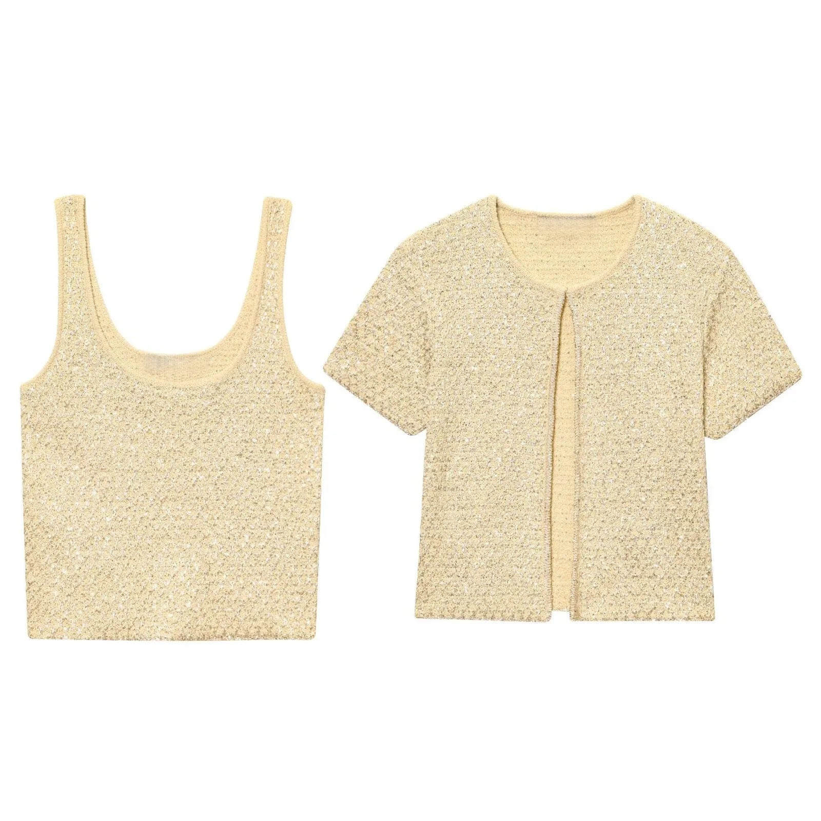 MYST&ZA2025 Summer New Product Temperament Elegant Sequin Knitted Jacket + Sequin Knitted Suspender Top Set
