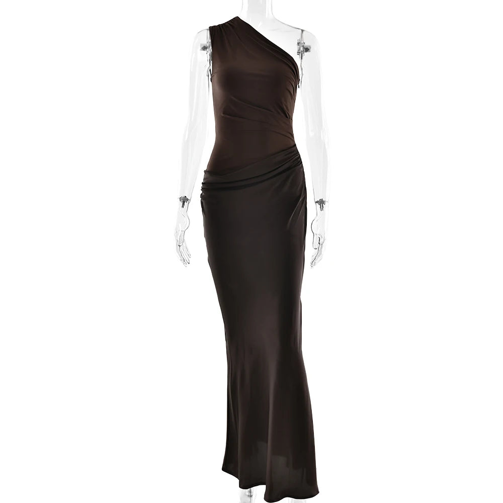 JULISSA MO Patchwork Satin Sexy One Shoulder Women Maxi Dress Brown Sleeveless Evening Dress Summer Slim Elegant Party Clubwear