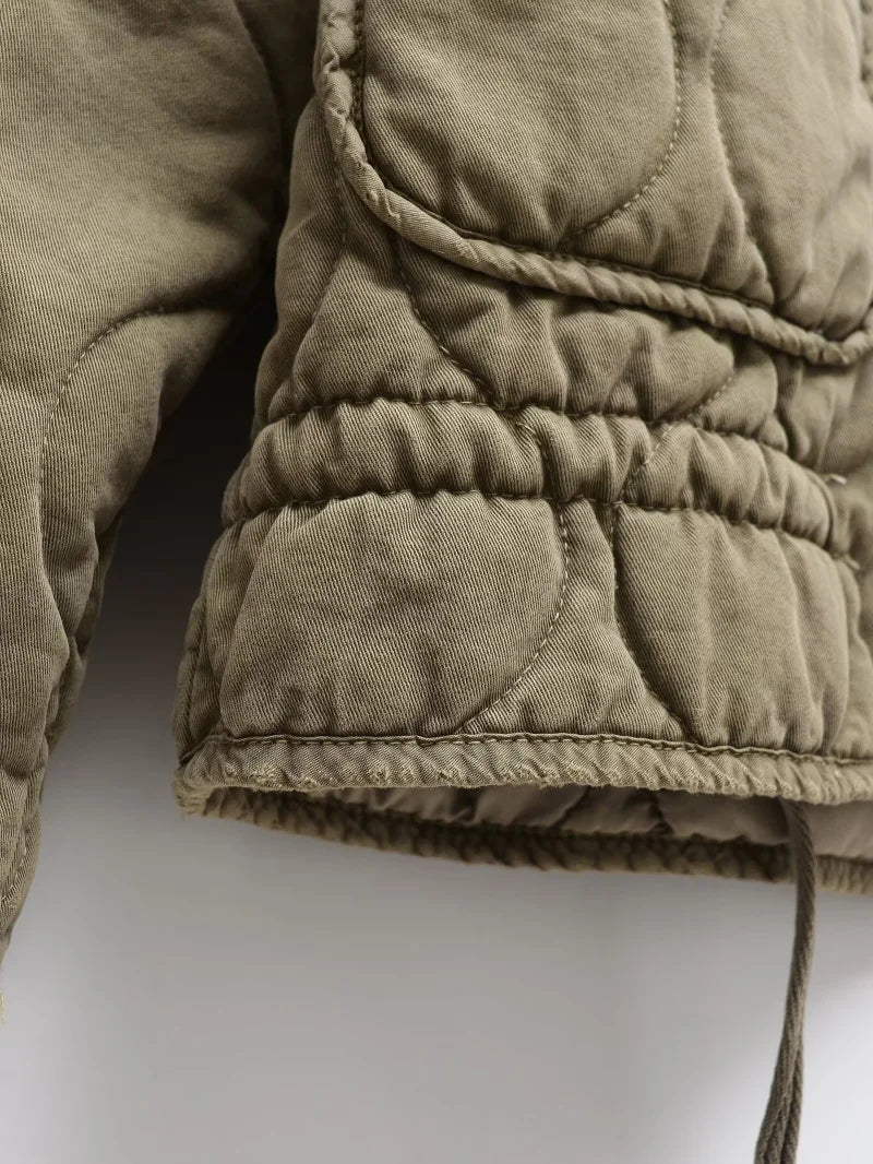 ZW Women's Cotton Jacket  2025 New Arrival Vintage Lenzing Rayon High Collar Large Pocket Decorative Quilted Coat for Women