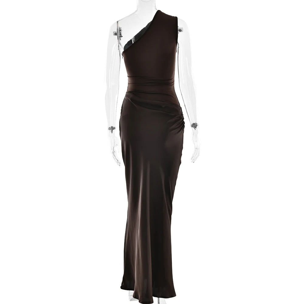 JULISSA MO Patchwork Satin Sexy One Shoulder Women Maxi Dress Brown Sleeveless Evening Dress Summer Slim Elegant Party Clubwear