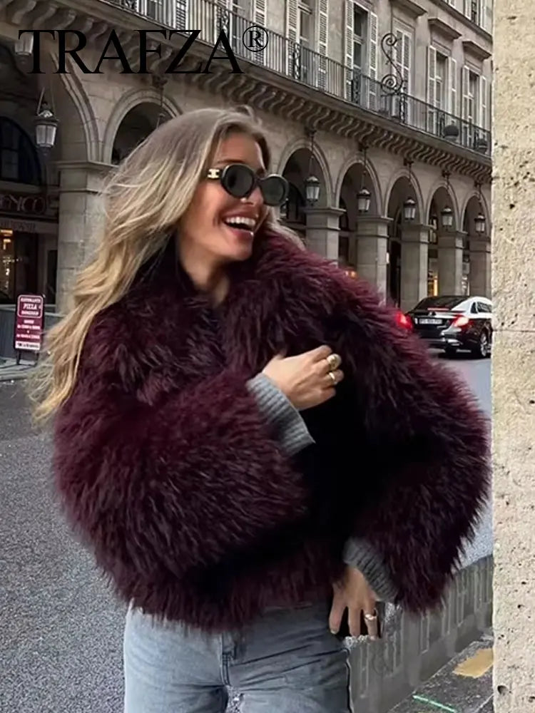 TRAFZA Women Elegant Faux Fur Coat Warm Fluffy Loose Long Sleeve Lapel Jacket Autumn Winter Fashion High Street Lady Outerwear