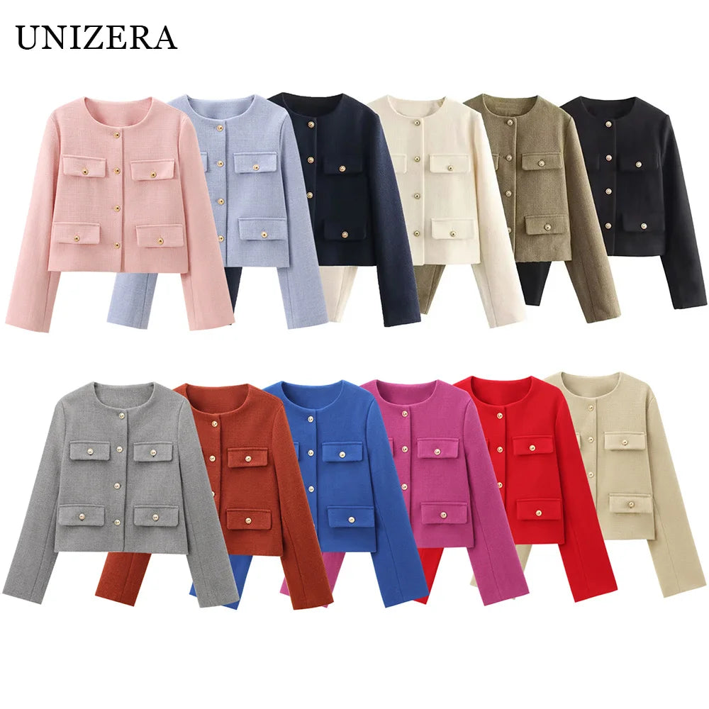 UNIZERA Winter New Product Women's Fashion and Casual Versatile Round Neck Flip Decoration Short Suit Coat