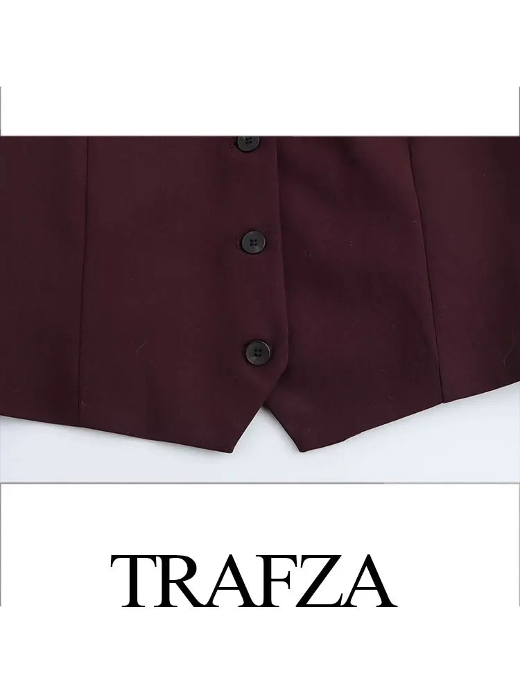 TRAFZA 2025 Summer Women's Retro Burgundy Slim Suit Vest Top Chic V-neck Single-breasted Women's Fashionable Streetwear Top Y2K
