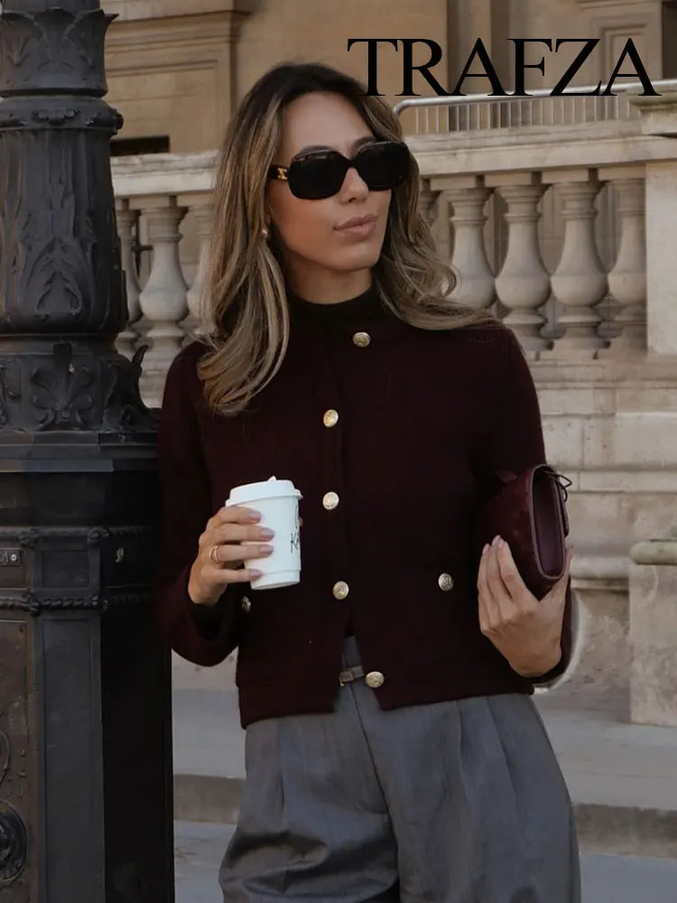 TRAFZA Women's Winter Slim Short Knitted Cardigan Jacket Retro Round Neck Gold Breasted Decoration Elegant Women's Casual Jacket