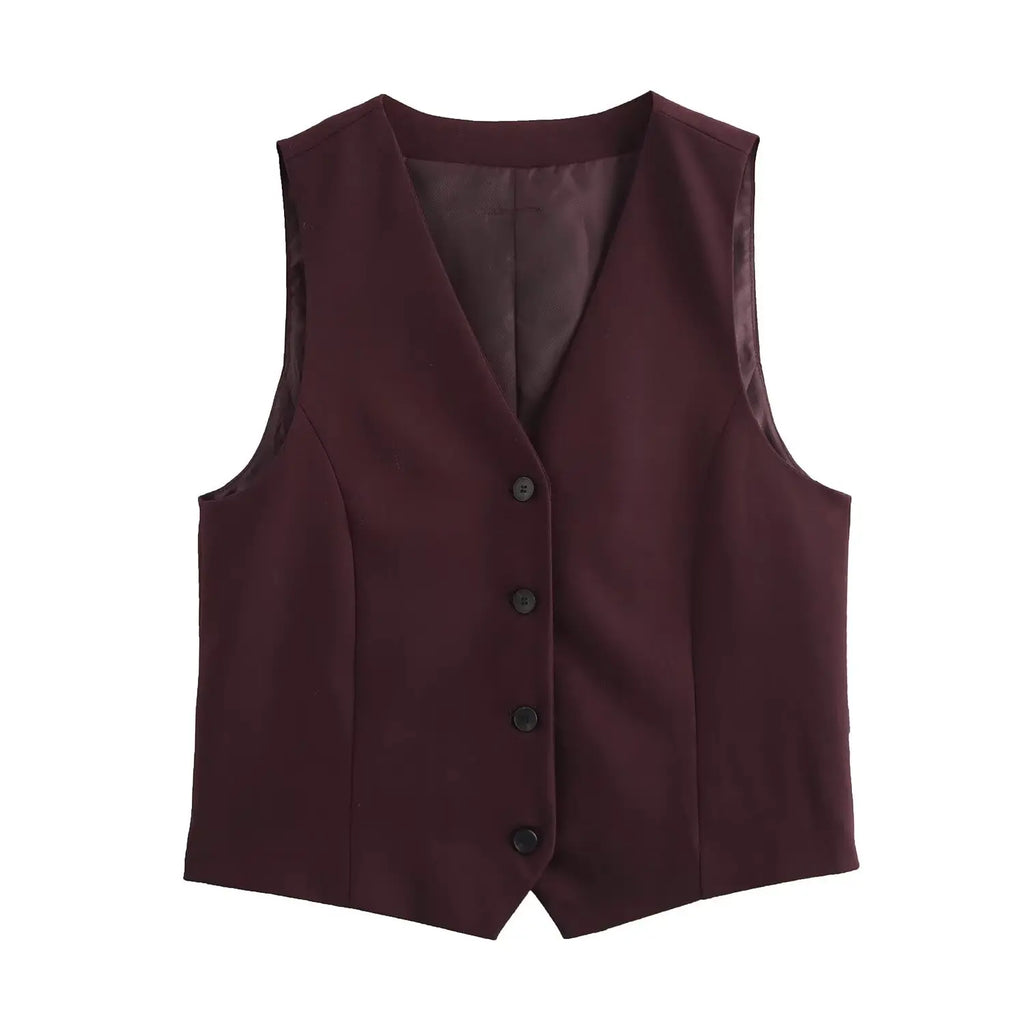 TRAFZA 2025 Summer Women's Retro Burgundy Slim Suit Vest Top Chic V-neck Single-breasted Women's Fashionable Streetwear Top Y2K