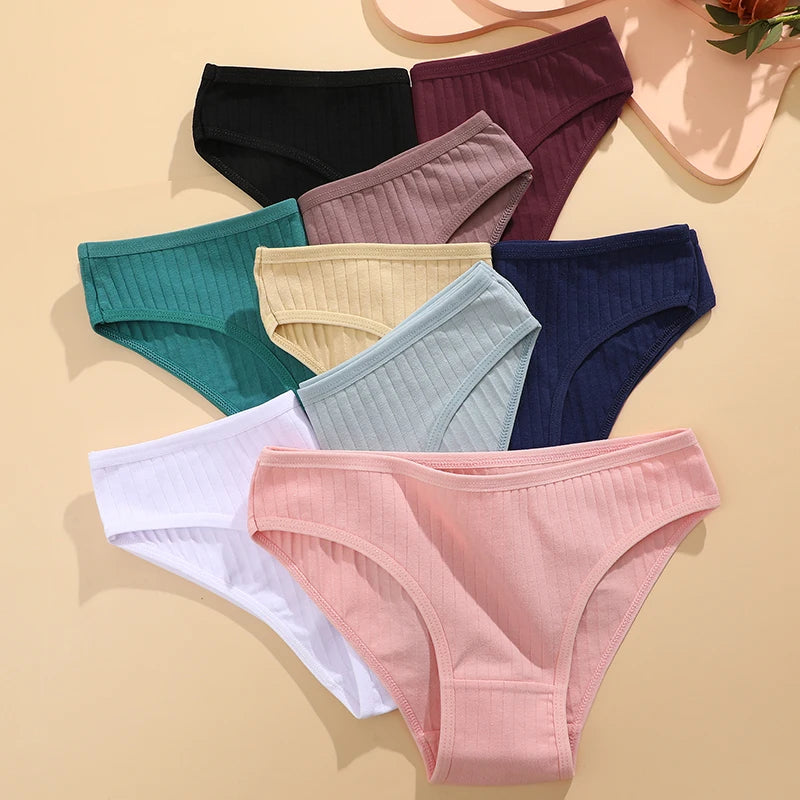 FINETOO 6PCS/SET Women's Cotton Panties Sexy Soft Striped Underpants Solid Color Briefs Female Comfortable Stretch Lingerie M-XL