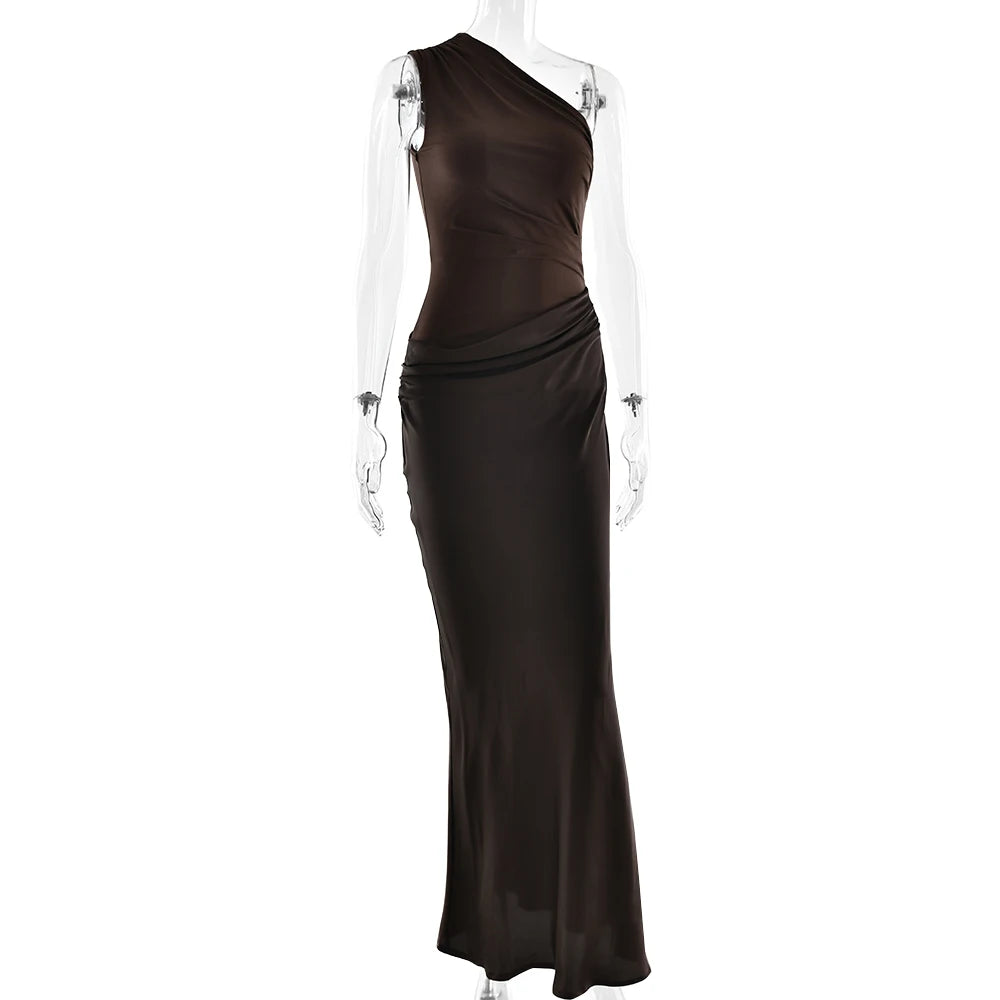 JULISSA MO Patchwork Satin Sexy One Shoulder Women Maxi Dress Brown Sleeveless Evening Dress Summer Slim Elegant Party Clubwear