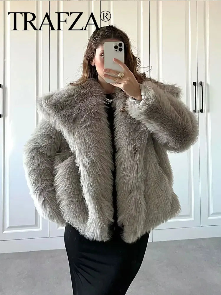 TRAFZA Women Elegant Faux Fur Coat Warm Fluffy Loose Long Sleeve Lapel Jacket Autumn Winter Fashion High Street Lady Outerwear