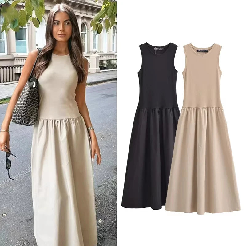 HXAO Khaki Elegant Long Dresses 2025 Women's Spring Sleeveless Black Dresses Fashion Casual Party Y2k Dress Vestidos For Female