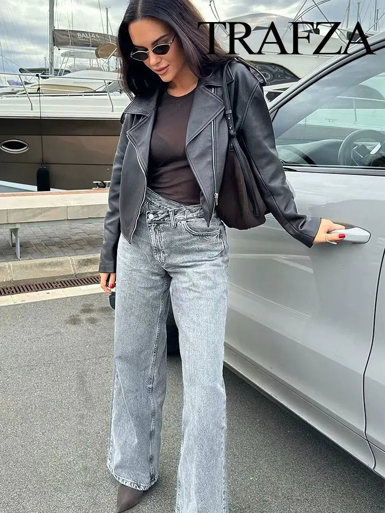 TRAFZA 2025 Summer Women's Fashionable Straight Jeans High Waist Vintage Zipper Women's Casual Jeans Commuting Streetwear Y2K