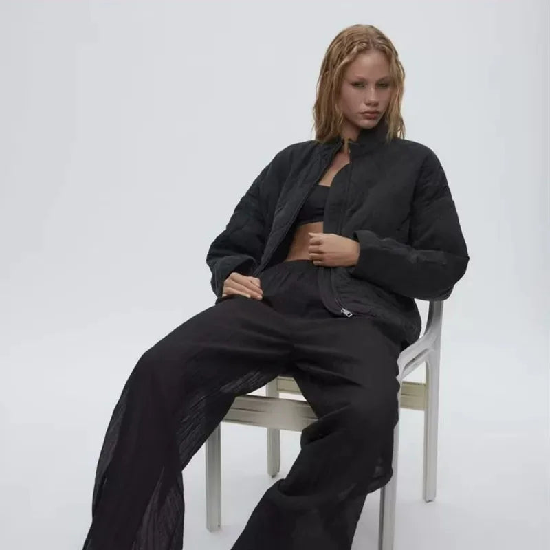 ZW Women's Cotton Jacket  2025 New Arrival Vintage Lenzing Rayon High Collar Large Pocket Decorative Quilted Coat for Women